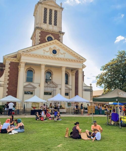 Decatur Farmers Market on the lawn in front of large church