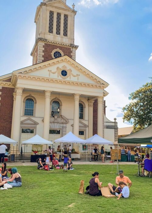 Decatur Farmers Market on the lawn in front of large church