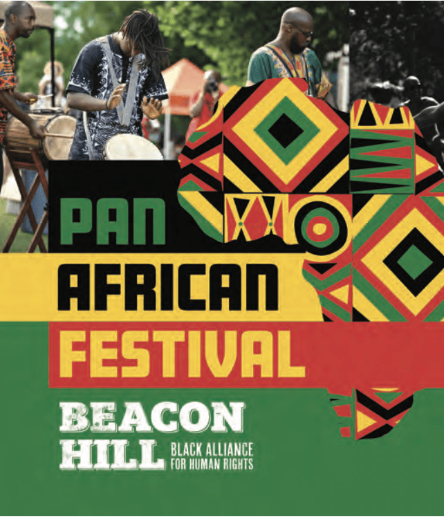 graphic with stylized Africa continent and drumming photo with text "Pan African Festival, Beacon Hill Black Alliance For Human Rights"