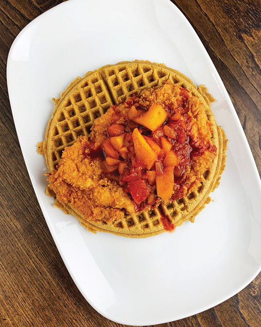 chicken and waffles with peach compote at Folk Art