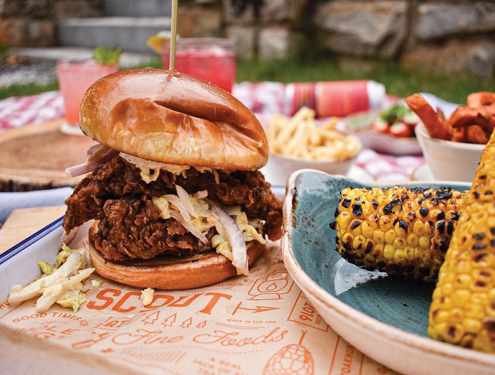 chicken sandwich and roasted corn at Scout