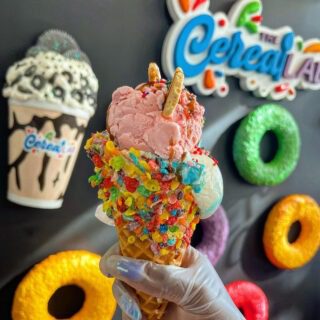 ice cream cone with fruity pebble cereal at Cereal Lab