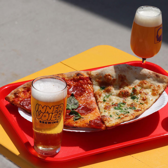 beer and pizza at Inner Voice Brewing