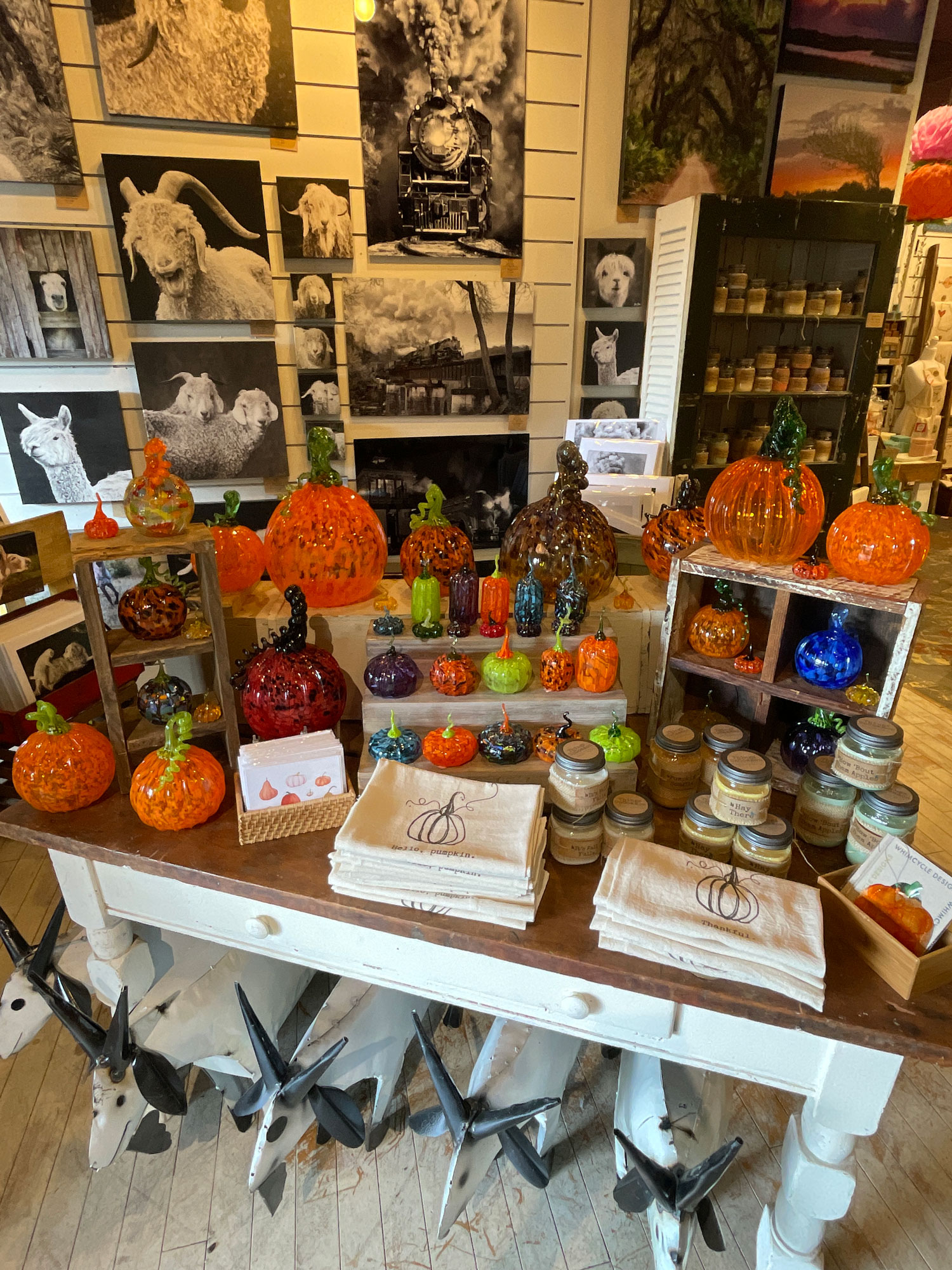 glass blown pumpkin display inside Wild Oats & Billy Goats